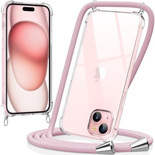 caslord Handyband kompatibel mit iPhone 15 6,1 Zoll, Necklace Hülle mit Bands Handyhülle für zum Umhängen, Transparent Case mit Handykordel,Stoßfeste Schutzhülle zum Umhängen Kordel, Roségold