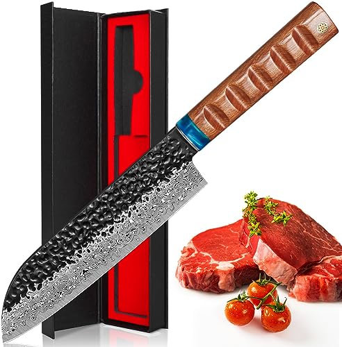 Home Safety Damascus Santoku Knife, Chef's Knife 10Cr15Mov Damascus Steel 67 Layer, 18cm Cooking Knifes, Ultra Sharp Blade Kitchen Knives with Gift Box for Home, Restaurant,Kitchen