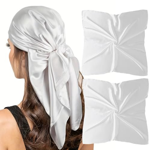 vimate Weißer Seidentuch-Damen Seiden Gefühl Kopf Bandana Schal für Haar Wrapping in r Nacht Halstuch Tasche Zubehör(2 Pack-Weiß)