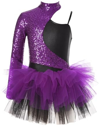TiaoBug Mädchen Pailletten Eiskunstlauf Kleid Langarm/Ärmellos Ballettkleid Tanzkleid Farbblock Turnanzug Gymnastik Leotards mit Tutu Mini Tüll Rock gr. 110-170