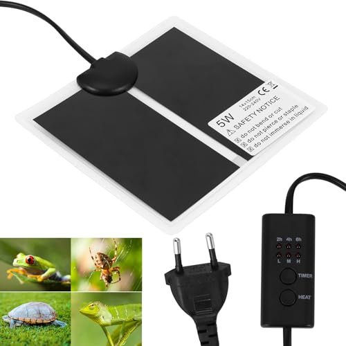 ALLOMN Reptilien Heizkissenmatte, Einstellbare Reptilien wärmematte Wärmekissen Thermostat mit Temperaturregelung Timer für Haustiere Turtle Snakes Lizard Gecko Spinne(Einfarbig 5W-15x14cm)