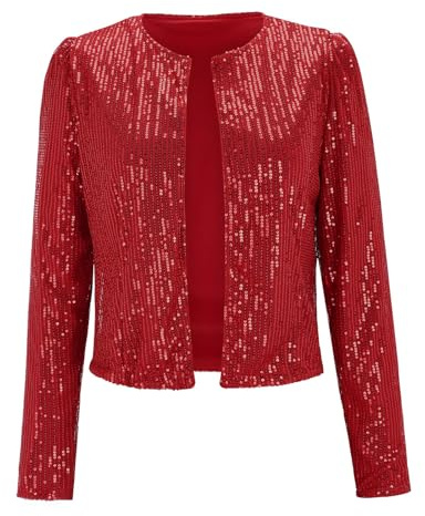 FWbfde Pailletten Oberteil Damen Cardigan Glitzer Jacke Damen Langarm Bomberjacke Party Club Pailletten Blazer Damen Elegant Tailliert Bolero Damen festlich Tops Kurz Oberteile Clubwear(A1-Rot,XL)