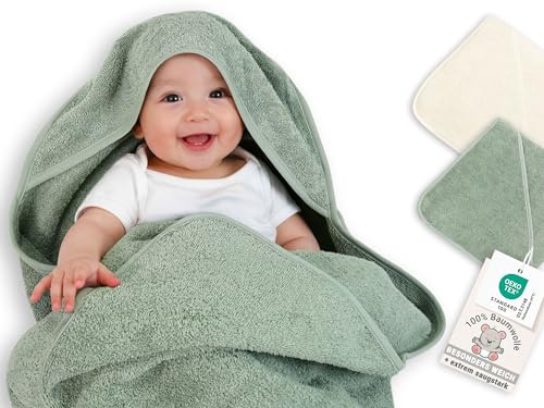 ZOLLNER Baby Kapuzenhandtuch in 100x100 cm - Salbei - hautfreundlich und kuschelweich - Baumwolle -waschbar bis 60°C - Oeko Tex® Zertifiziert