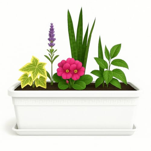 TECHZOCO Jardinera de plástico con Plato, Macetero para Jardín, Fabricado en Polipropileno, Incluye Plato, Apto para Interior/Exterior, 40 cm Largo x 15 cm Alto x 18 cm Fondo, Blanco