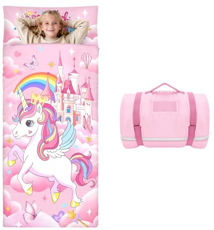 decalsweet Schlafsack Kinder, Groß Weich Kinderschlafsack 170×75cm | Doppelter Reißverschluss,Faltbare Schlafsack mit Kissen Abnehmbar,Weich Warm,für Outdoor Indoor Camping,für Mädchen Jungen