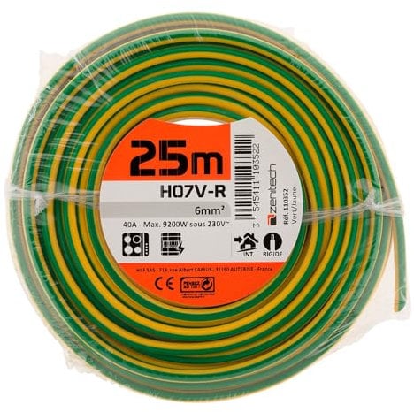 Câble d'alimentation électrique H07V-R 6mm² - Jaune et Vert - 25m - Zenitech