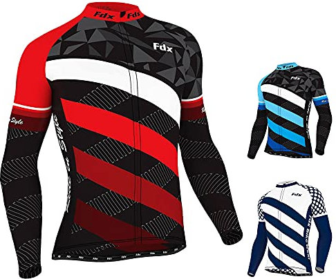 FDX Cycling Jersey Men’s - Italian Roubaix Fabric, Long Sleeve, Breathable, Full Zipped Winter Cycle Top - Bicycle Riding Jersey, Running, Mountain Bike Sports Clothing (Red, Medium)