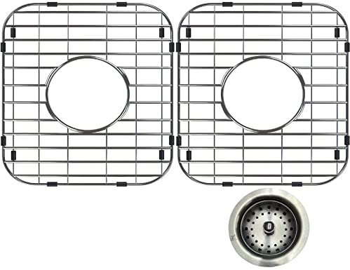 Stainless Steel Kitchen Sink Protectors 13 x 11 Inch Rack Grate Protector Grids for Sinks Universal Double Bowl Drain Racks Grates Bottom Strainer Center Hole 2 Pack