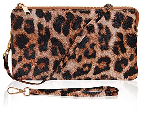 Humble Chic NY Veganes Leder Kleine Umhängetasche Tasche Oder Wristlet Unterarmtasche Handtasche, Inklusive Einstellbarer Schulter- Und Handgelenkbänder, Leopard, Braun, Schwarz, Neutral