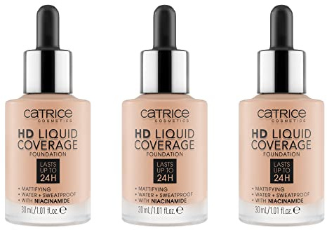 Catrice HD Liquid Coverage Foundation, Nr. 020, Nude, langanhaltend, mattierend, matt, für unreine Haut, vegan, ölfrei, wasserfest, ohne Alkohol, 3er Pack (3x30ml)