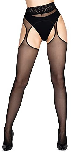 LORES Noir Collants porte-jarretelles Dentelle Jarretière Ceinture Collants Bas 20 Deniers Sexy Taille Haute Bonneterie, Nero S