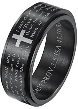 HIJONES Herren Edelstahl Bibel Vers Lords Prayer Kreuz Gott Ring Farben Spinner Schwarz Ringe Größe 62