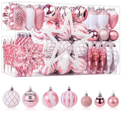 SHareconn, Set di 106 palline natalizie decorative, in plastica infrangibile, per albero di Natale, adatte come decorazioni per festività, matrimoni e feste, con ganci inclusi, colore rosa e bianco