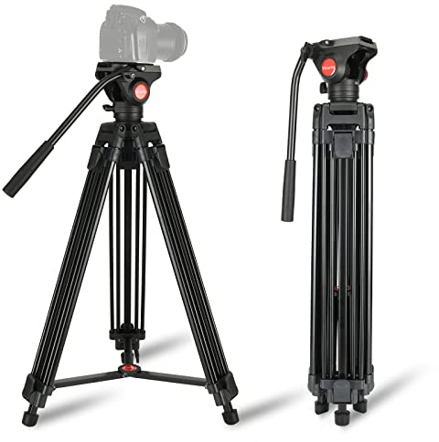 Heavy Duty Tripod Professional Video Camera Tripod Aluminium 67 Inches with 360 Degree Fluid Head and QR Plate, Mid-Level Spreader, Max Loading 22LBS for Canon Nikon DSLR Cameras Video Camcorders