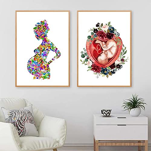 Grossesse aquarelle imprimé floral Wall Art sage-femme cadeau gynécologue Doula éducation médicale affiche toile peinture décoration murale sans cadre-50x70cmx2