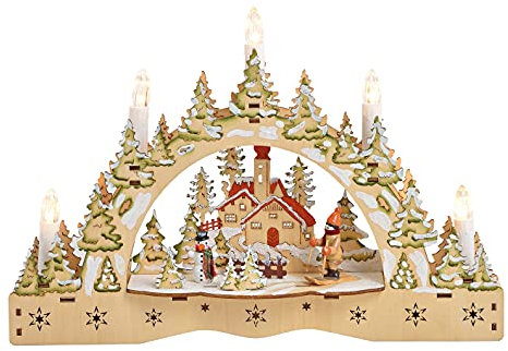 Wurm Schwibbogen Winterszene, Lichterbogen, Winterszene Dorf mit Skifahrer mit Beleuchtung, Weihnachtsdeko, Adventsdeko