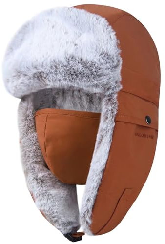 GADIEMKENSD Winter Trapper Hat for Women and Kid Warm Russian Gas Ushanka for Men Snow Ski Clothes Hunting Trooper Hat with Earflaps Chin Strap Windproof Face Mask Faux Fur Aviator Warm Hat Camel L