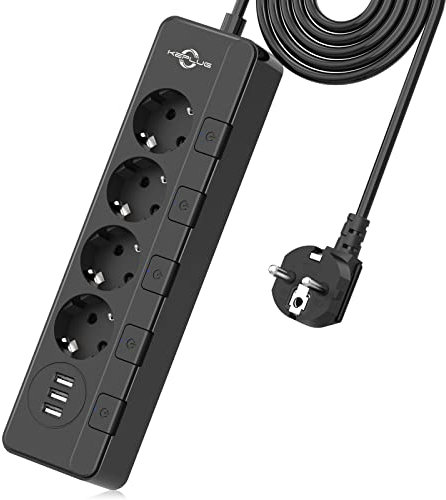 Steckdosenleiste überspannungsschutz(4000W 16A),KEPLUG Mehrfachsteckdose mit 2USB C 1USB A wandmontage, Steckerleiste einzeln schaltbar kindersicherung,Steckdose 2 m Kabel Schwarz