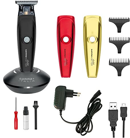 GAMMAPIU' Absolute Hitter Trimmer, professionelle Herren-Haarschneidemaschine mit austauschbarem Cover (Schwarz, Rot, Gold), wiederaufladbarer elektrischer Bartschneider mit Ladestation, Kabel und USB