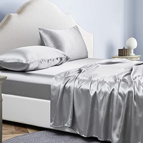 Jemiipee Completo Lenzuola Raso Matrimoniale Tinta Unita 200x200x36 cm - Lenzuola Sotto con Angoli Matrimoniali, Lenzuolo Sopra, 2 Federe - Biancheria da Letto Satin 4 Pezzi - Grigio Chiaro