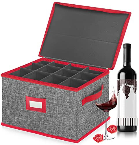Weinglas-Aufbewahrungsbox mit Trennwänden, Weihnachten Stapelbare Stielgläser Aufbewahrungstruhe Hartschale für bis zu 12 Gläser, Kristallstielglas für Urlaub (grau und rot)
