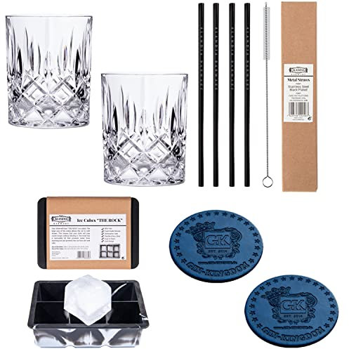 Gin Gläser Set | 2X Gin Gläser Kristall Tumbler Glas | 2X Glasuntersetzer | 4X Strohhalme Edelstahl schwarz | XXL Eiswürfelform Silikon mit Deckel