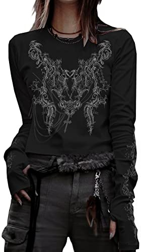 Women Y2K Long Sleeve Top Tee Sexy Gothic Cross Wings Print Patchwork V Neck Basic Slim Fit Blouse Tops Vintage Fairy Grunge Streewear