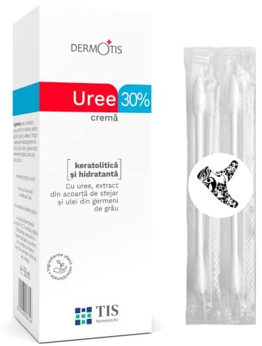 TIS Harnstoff-Creme 30% - Urea Creme 50g - Ekzem, Keratose, Psoriasis, Trockene, rissige Haut - Peeling Fußcreme - Narbenentfernung, Wunden, Hautschuppen | Milchsäure AHA, Weizenkeimöl + Wattestäbchen