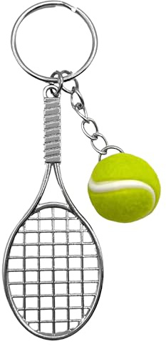 AUTOZOCO Porte-clés en plastique en forme de balle de tennis et de raquette, porte-clés pour tennis de tennis, porte-clés modèle sphérique, détail, balle de 2 cm de diamètre x raquette 7,5 cm de long