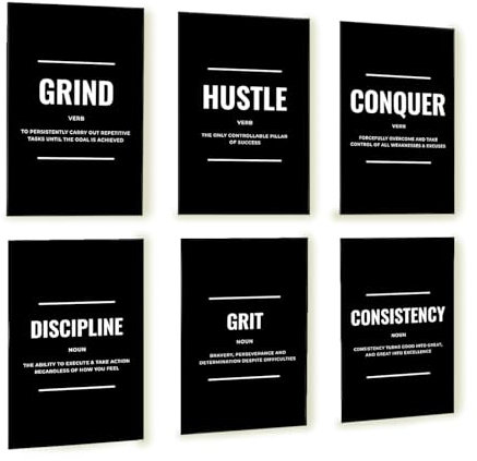 Throwback Traits Motivierende Wandkunst-Erfolgsposter – Grind Hustle Execution, motivierende Wanddekoration für Büro, Heimbüro, Wohnzimmer, 6 Stück in Schwarz und Weiß, Größe 27,9 x 43,2 cm