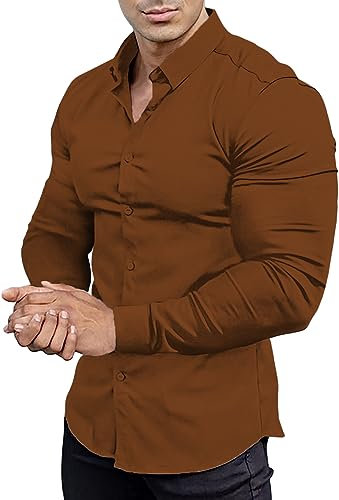 EOUOSS Mens Dress Shirts Athletic Fit Slim Fit Long Sleeve Stretchy Casual Button Down Shirts, brown, M