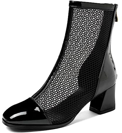 Bviennic Daherren Sommer Square Toe Mesh Boots Reißverschluss Mode Lack Blockabsatz Chelsea Reitstiefel Party Schwarz/Ankle/6Cm Gr 38 EU-39Cn