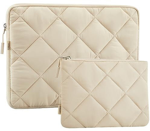 LANDICI Puffy Laptop Sleeve Case 15.6 16 Inch for for MacBook Pro M3/M4 16, HP Acer Lenovo Dell Asus Laptop, Cute Computer Cover Bag with Accessories Pouch, Apricot