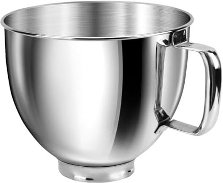 Ciotola in acciaio inox per uso alimentare, compatibile con mixer Kitchenaid con supporto inclinabile da 4,5-5 litri, ciotola con manico antiscivolo e chiusura prominente, in acciaio inox lucido