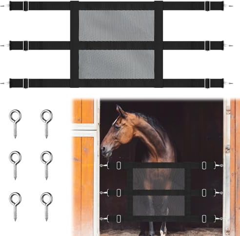 Horse Stall Guard, 57 x 18 Inch Adjustable Nylon Black Mesh Gate for Horses | Includes 6 Snap Hooks and Screw Eye Hardware, Equine Stall Opening Access Divider, Visibility and Airflow for Barn Stable