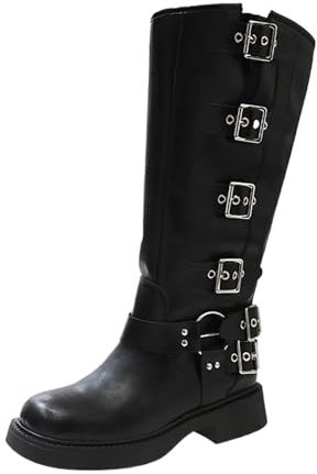 Stivali Autunno Inverno Da Donna Con Punta Quadrata E Fibbia In Metallo Al Polpaccio Per Appuntamenti Di Lavoro (Color : Black, Size : 38 EU)