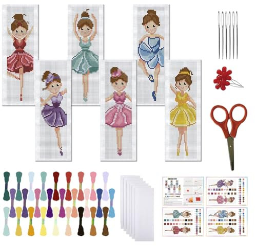 FREEBLOSS 6 Set Lesezeichen Kreuzstich Kits Kreuzstich Stickbilder Kreuzstich Ballerina Muster Kreuzstich Set Vorgedruckt Lesezeichen Für Anfänger 6x20cm