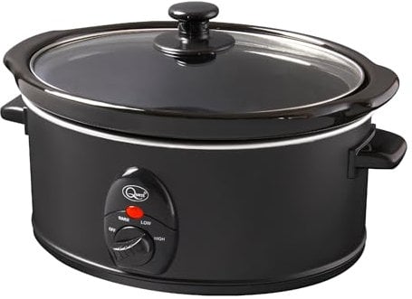 Quest 35279 3.5 Litre Slow Cooker/Compact Stainless Steel / 3 Temperature Settings/Transparent Toughened Glass Lid/Dishwasher Safe Bowl/Black Colour / 200W