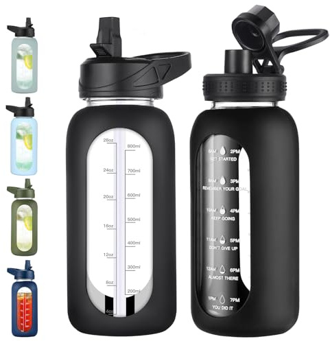 EALGRO 32 oz Glass Water Bottle with Straw, Large Sports Water Jug