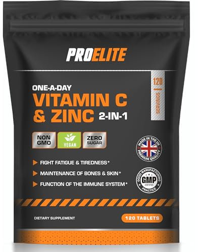 Vitamin C and Zinc 120 Tablets Vegan - Ascorbic Acid with Added Zinc - Maintenance of Normal Immune System - High Strength Vitamin C & zinc Tablets & Powder Alternative by PROELITE