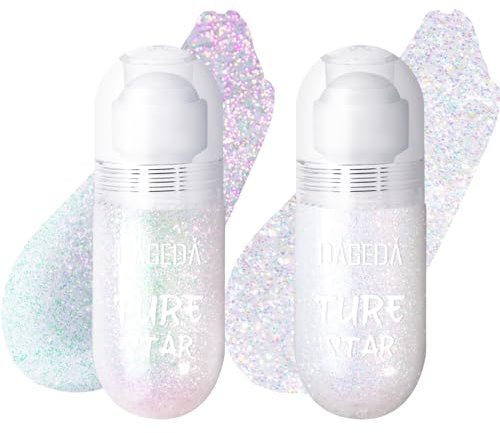 Prreal 2PCS Roll-on Body Glitter Gel, Color Change Glitter for Festival Rave Accessories, Gliter Face Paint Holographic Hair Glitter Gel, Sparkle Shimmer Halloween Makeup for Rave Party(01+03)