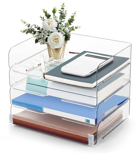 Clear Stapelbare Papierschalen 4-Pack, Ablagefächer Stapelbar, PET Clear Schreibtisch Brief Tray Set, Stapelbarer Schreibtisch Organizer für Bücher, Zeitschriften, Ordner, Papier, Notizen, Stifte