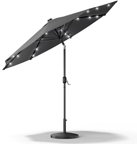 XEMQENER 3M Garden Parasol with Solar Powered Lights, Large Garden Umbrella Parasol with Round Base, Outdoor Garden Table Parasol for Party, Camping, UPF 50+, 300x300x240 cm, Dark Grey