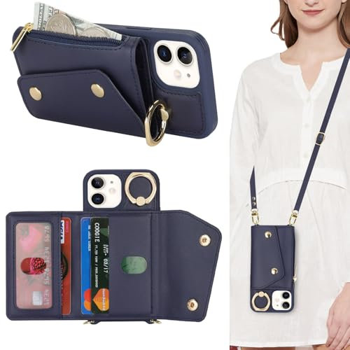 Lipvina Hülle für iPhone 12 Mini Hülle mit Band Kartenhalter handyhülle Hülle für iPhone 12 Mini mit Reißverschluss Band Ring Ständer Case für Frauen - Blau