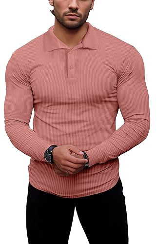 Agilelin Men's Muscle Slim Fit Polo Shirts Long Sleeve Stretch T-Shirts Casual Stylish Tee for Golf Workout(Pink/S)