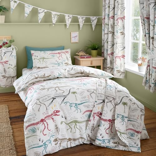 Happy Linen Company Girls Boys Kids Dino Explorer Dinosaurs T-Rex Multi Toddler Cot Bed Reversible Soft Easy Care Bed Linen Duvet Cover Quilt Bedding Set With Pillow Case