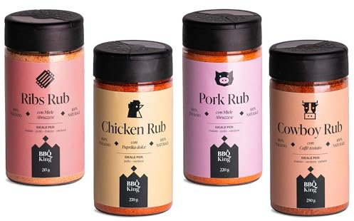BBQ KING - Multi Pack Pitmaster Rub per Barbecue, 4 Confezioni da 215/250 Gr di Dry Rub Bbq, Miscela di Spezie 100% Made in Italy, 1 x Chicken Rub, 1 x Pork Rub, 1 x Ribs Rub e 1 x Cowboy Rub