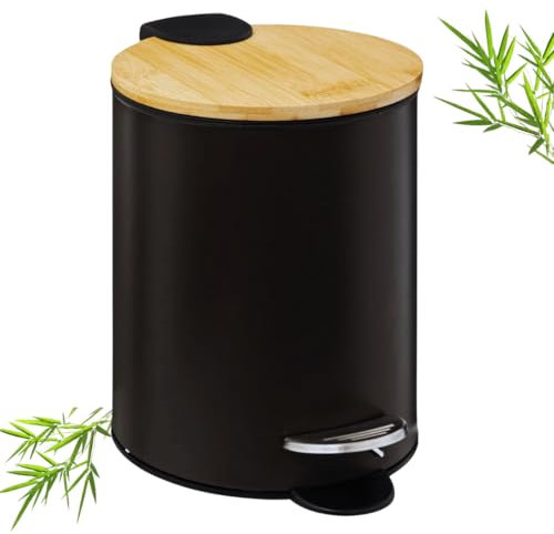 Solty - Cubo basura baño con tapa de bambú - 3L - Papelera de metal con cubo y pedal - Ideal para baño, cocina o escritorio - 17 cm x 22,5cm x 24,5 cm - Color negro