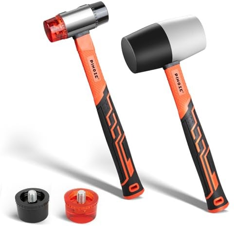 PINOZE Conjunto de martillos de goma de 2 piezas, malleto de goma de 450g y malleto suave de doble cara de 35 mm con 2 cabezales adicionales, mango de fibra de vidrio para pisos, baldosas