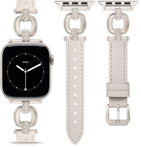TOYOUTHS Leather Strap Compatible with Apple Watch Straps Women 42/41/40/38mm Dressy Slim Leather Strap with O-Shaped Metal Buckle for iWatch 11 10 9 8 7 6 5 4 SE 3 2 1, Starlight/Starlight
